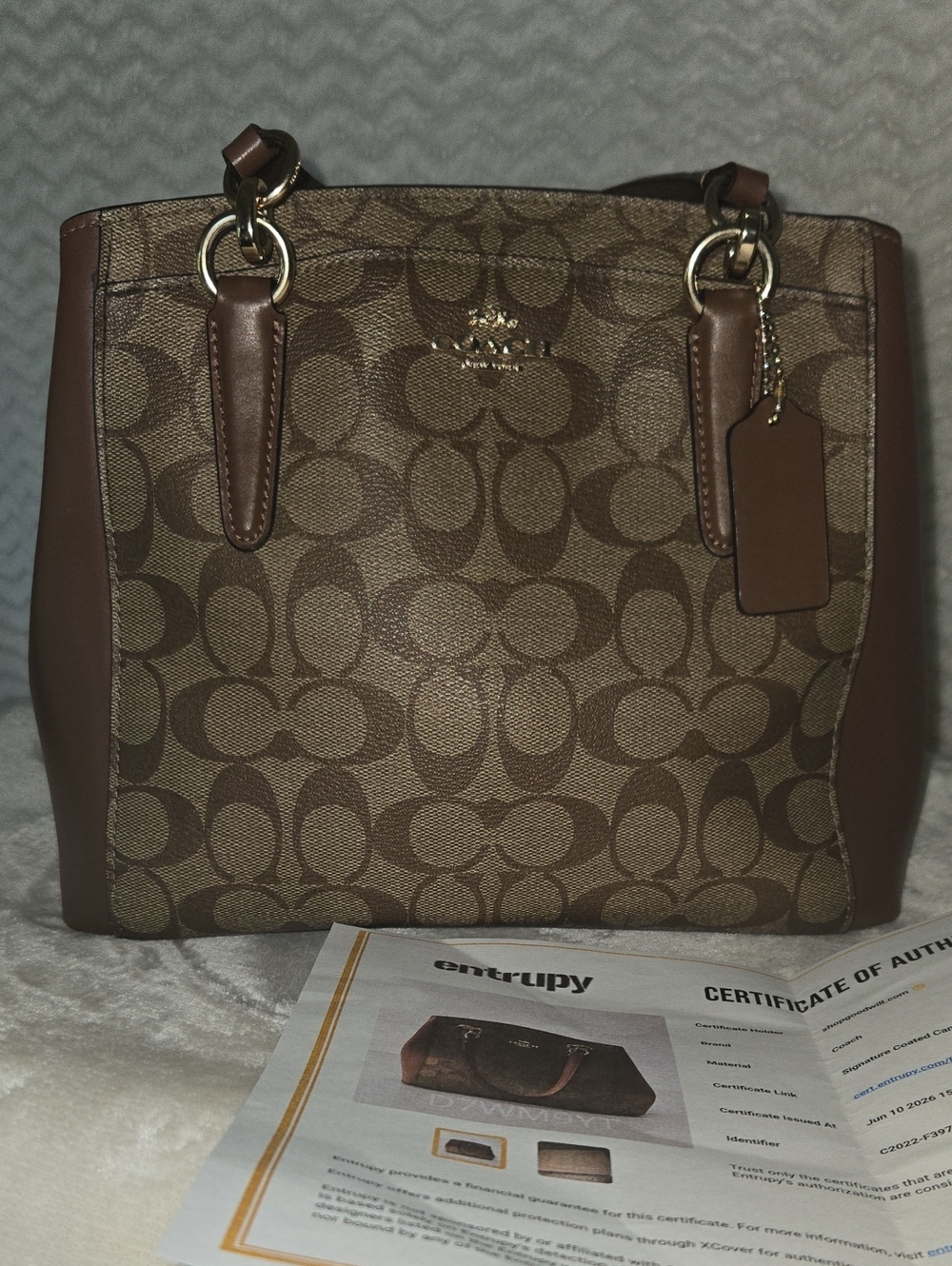 Coach Brown Signature Canvas Shoulder Tote with Dark Brown Trim